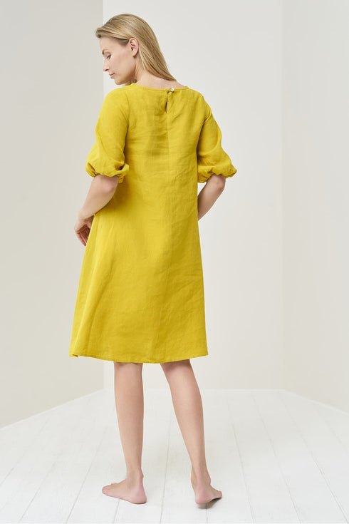 Image 4 of Printed linen dress with half length sleeves & bubble sleeves Madre from Baltic Linen